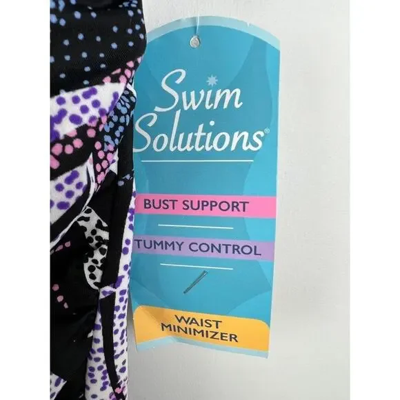 Women's Swim Solutions Black Printed Tummy Control One Shoulder Swimsuit 8 - Picture 4 of 7